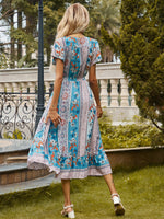 Floral Print V-neck Petal Sleeve A-line Dress