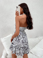 Allover Print Self Tie Backless Halter Dress