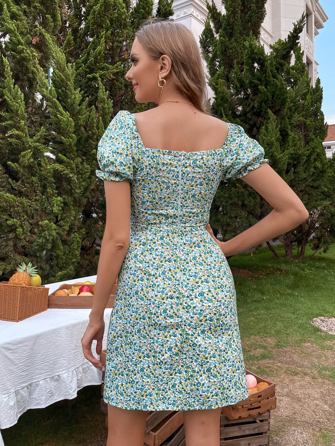 Ditsy Floral Print Drawstring Front Dress