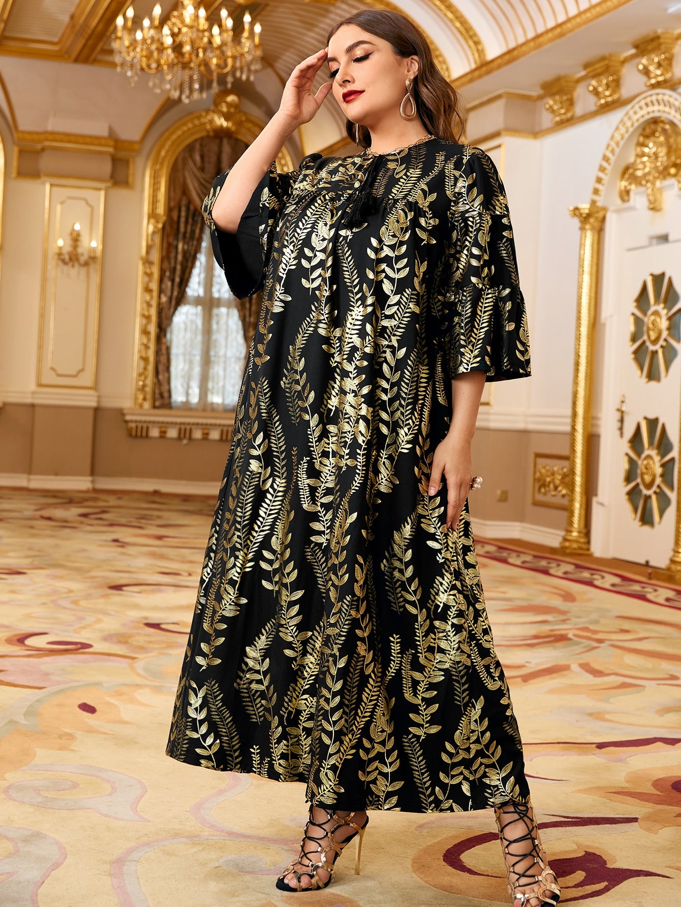Plus Gold Leaf Print Tassel Tie Neck Dress
