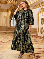 Plus Gold Leaf Print Tassel Tie Neck Dress