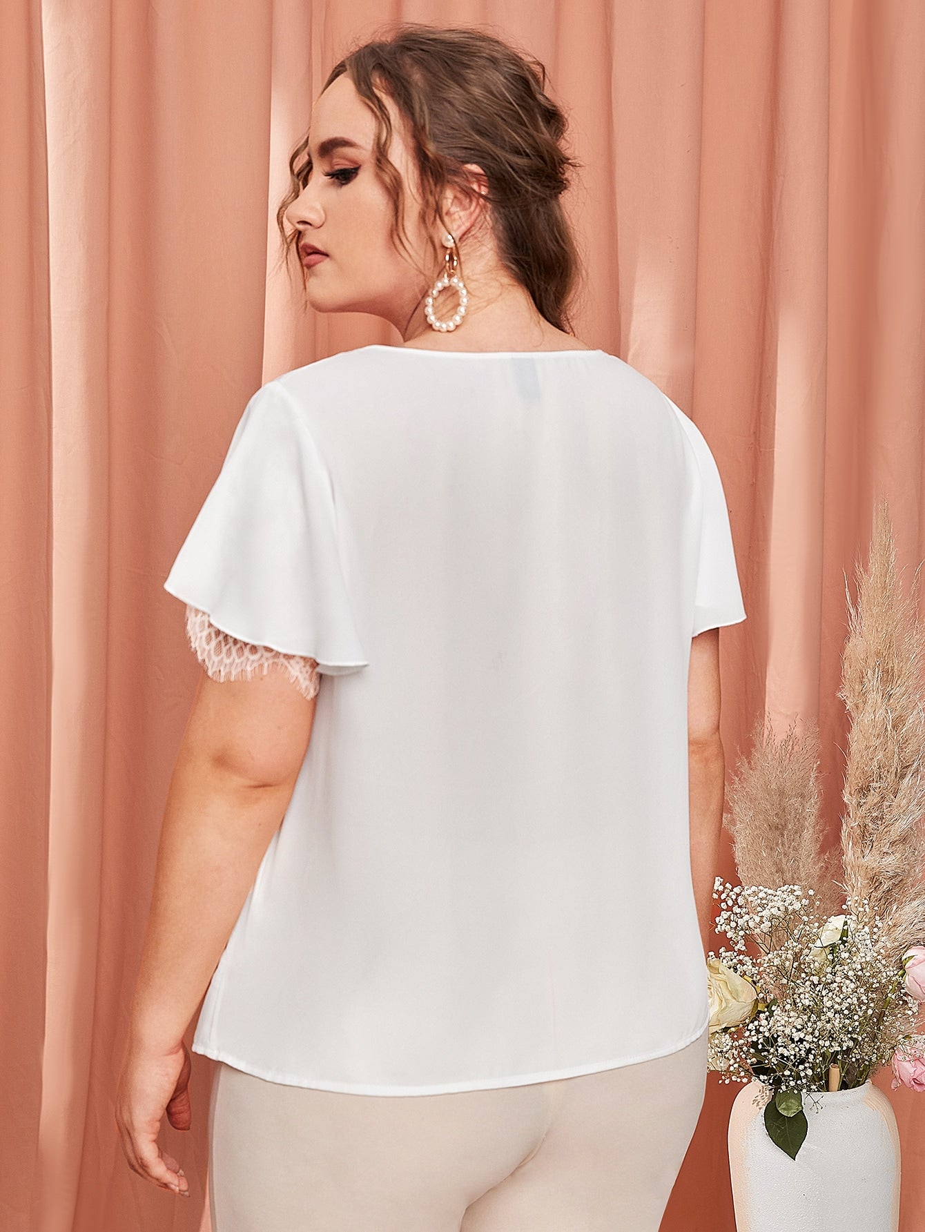 Plus Lace Insert Flounce Sleeve Top