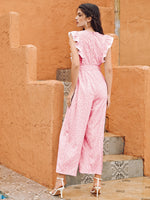 All Over Floral Print Ruffle Trim Zipper Back Belted Jumpsuit