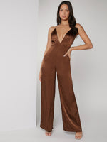 Crisscross Backless Satin Cami Jumpsuit