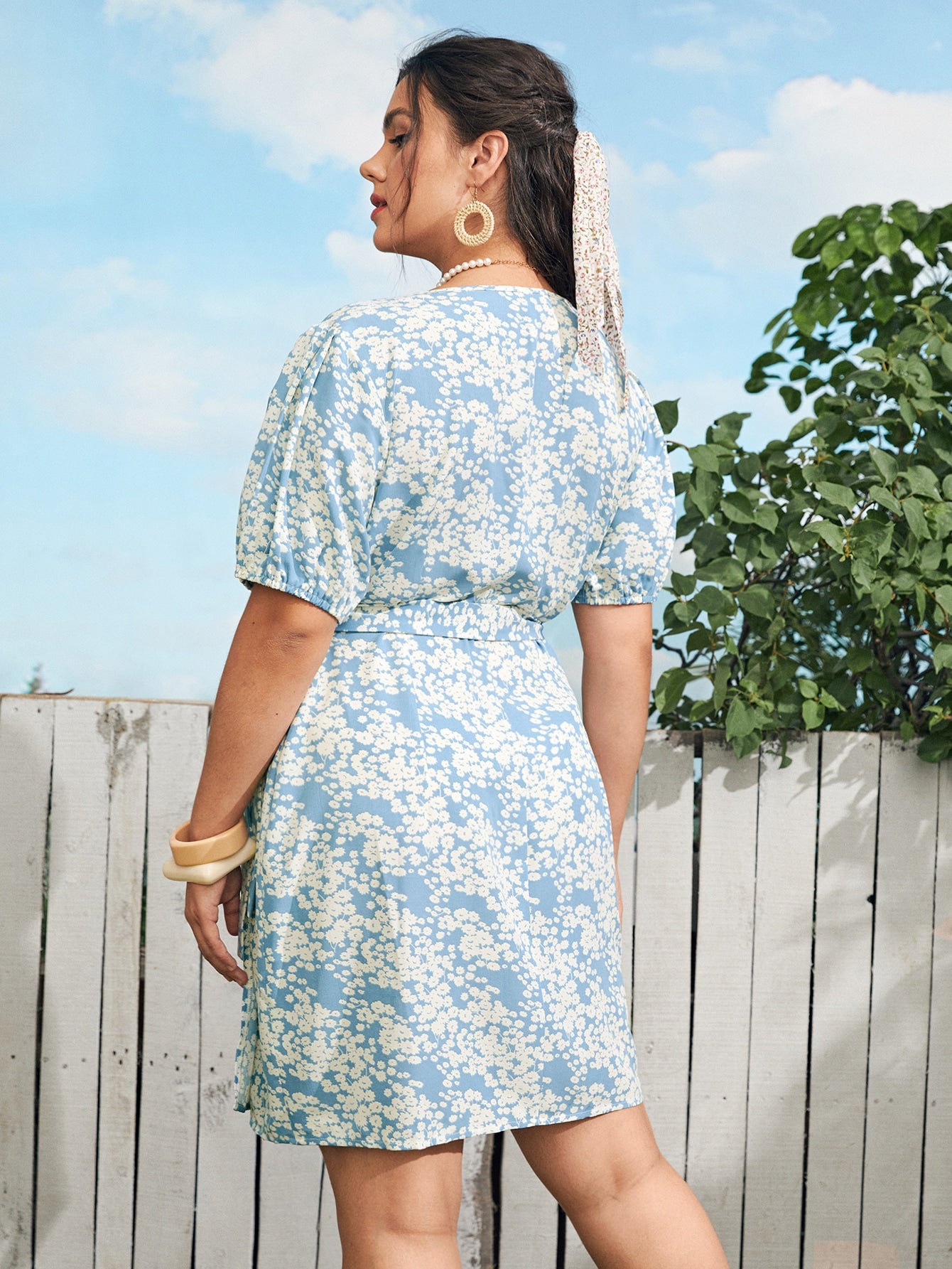 Plus Ditsy Floral Wrap Fitted Dress