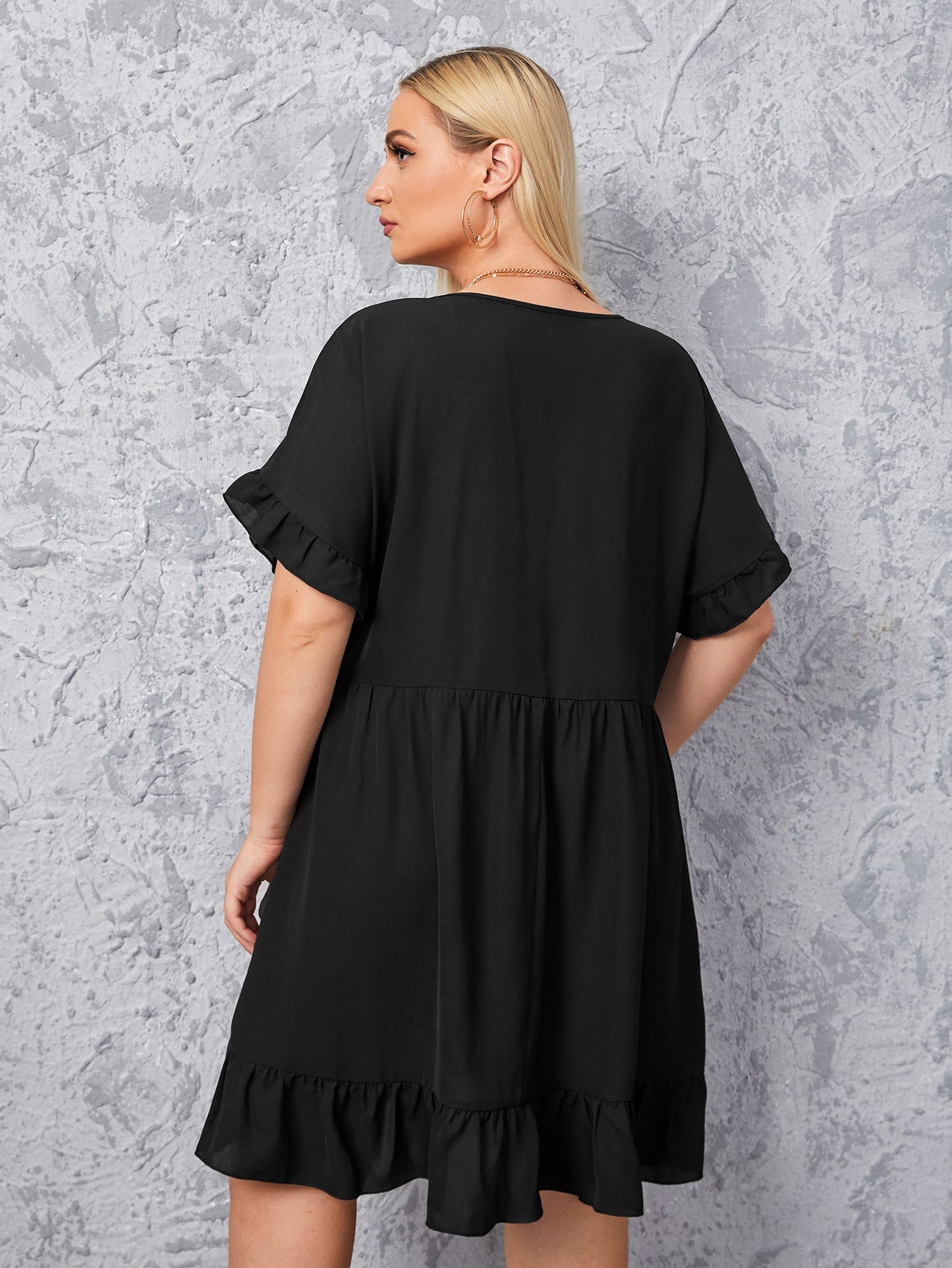 Plus Solid Ruffle Hem Frill Waist A Line Dress