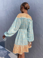 Colorblock Floral Print Frill Trim Dress Without Belt