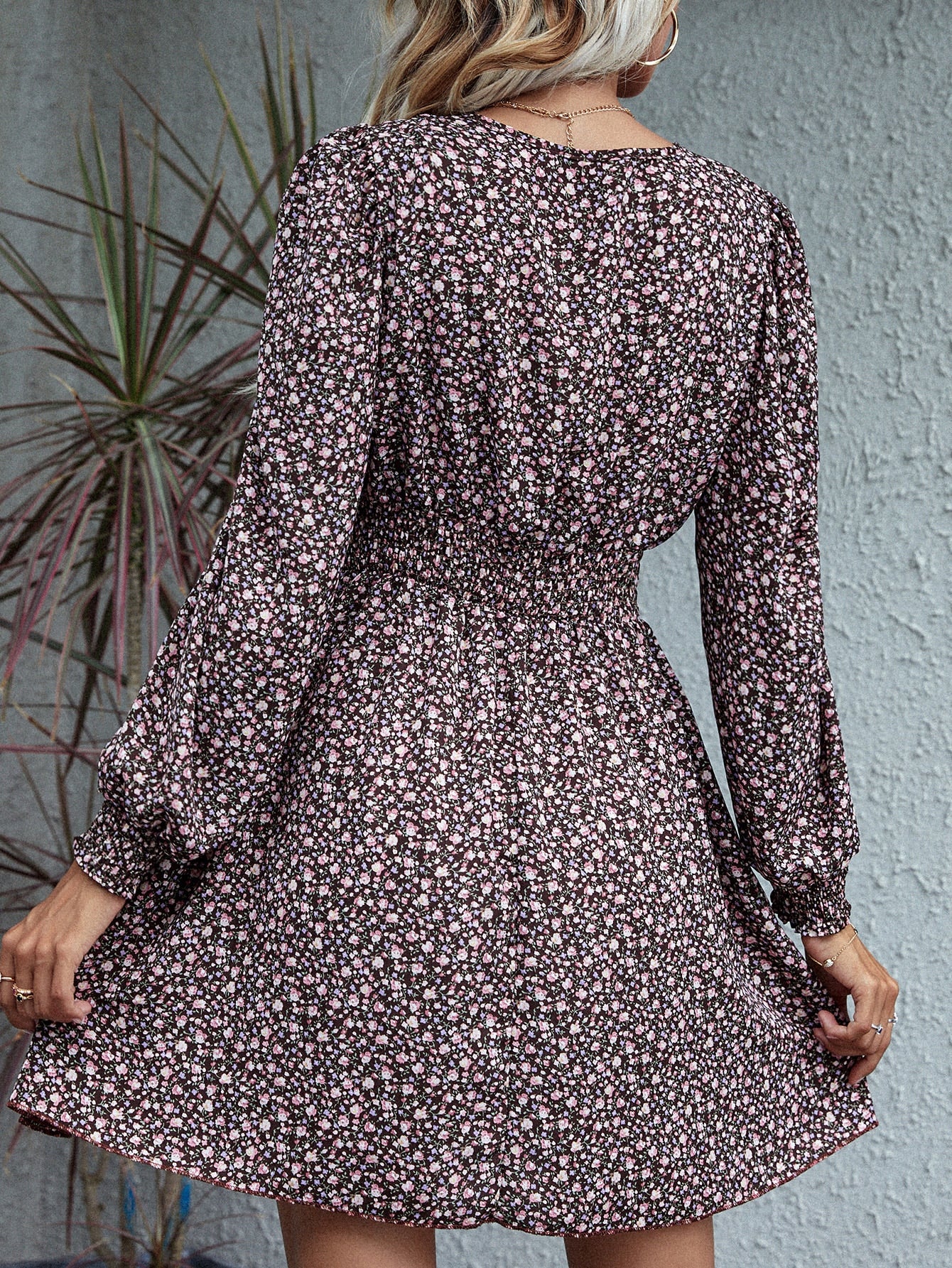 Ditsy Floral Ruched Shirred Bishop Sleeve Dress