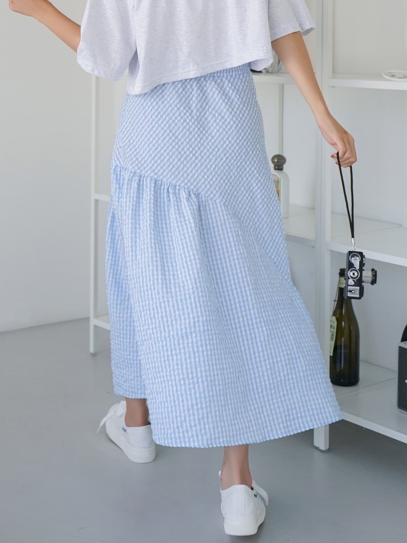 Gingham Paper Bag Waist Flounce Hem Skirt