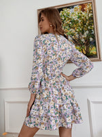 Allover Floral Print V Neck Shirred Waist Dress