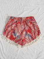 Tassel Trim Tropical Print Shorts