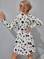 Polka Dot Lantern Sleeve Shirred Cuff Dress