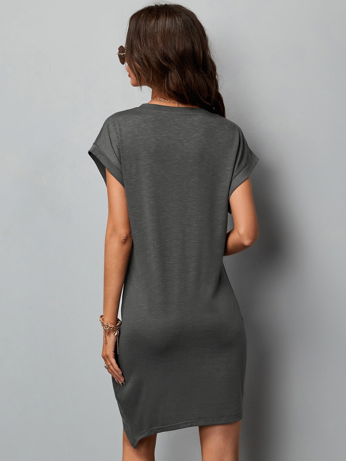 Batwing Sleeve Ruched Trim Asymmetrical Hem Dress