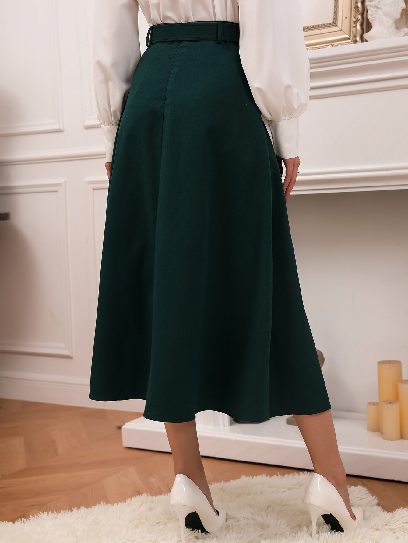 High Waist Grommet Buckled Belted Flare Skirt