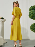 Square Neck Butterfly Sleeve Belted Dress