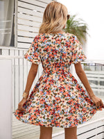 Allover Floral Print Surplice Neck Belted Dress