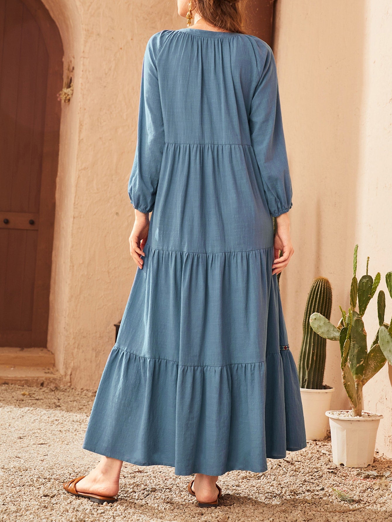 Contrast Tape Ruffle Hem Smock Dress