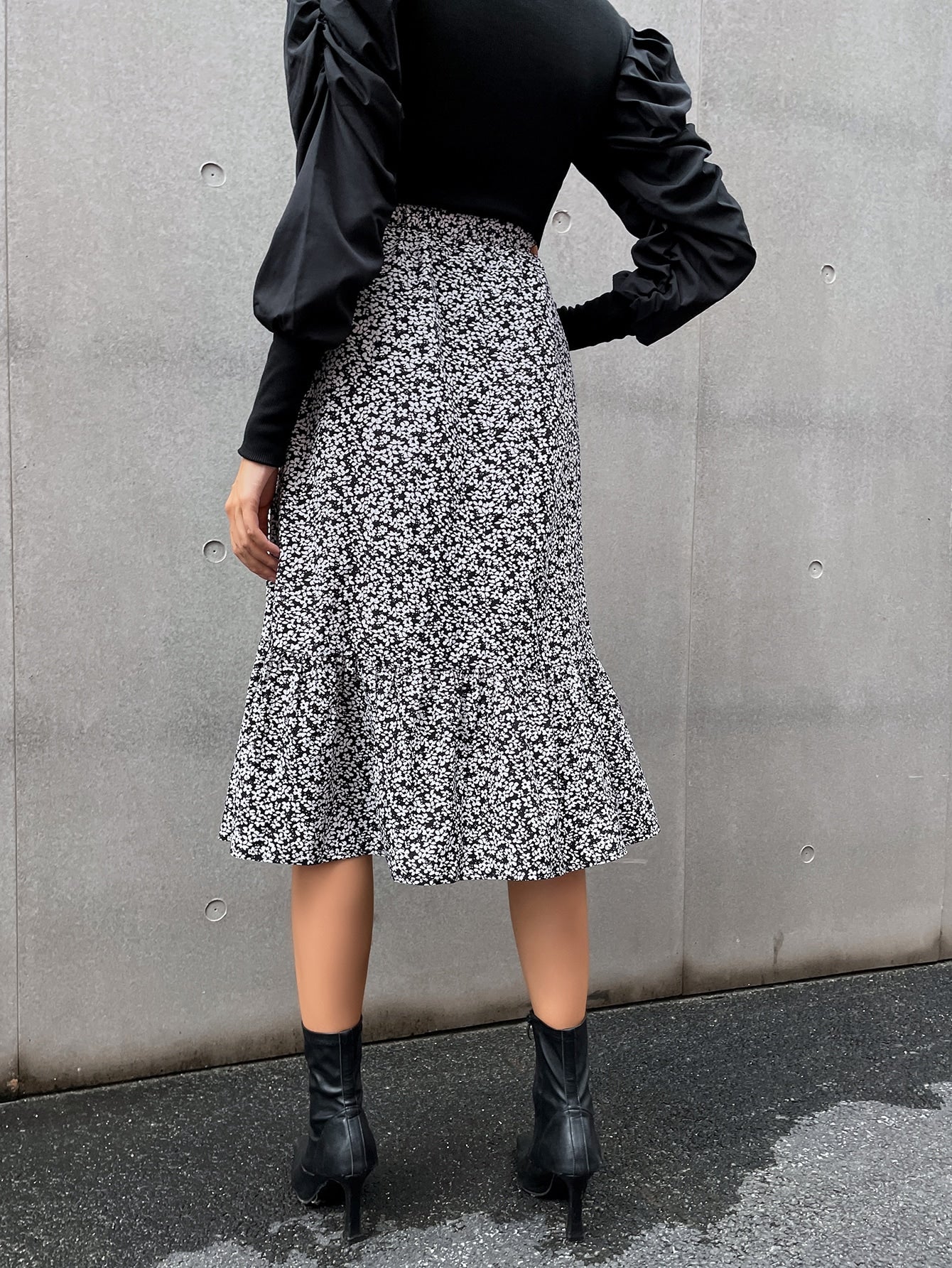 Ditsy Floral High Waist Ruffle Hem Skirt Without Belt