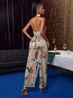 Striped & Floral Print Knot Backless Jumpsuit