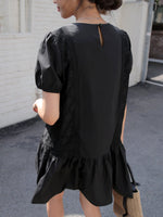Solid Puff Sleeve Ruffle Hem Dress