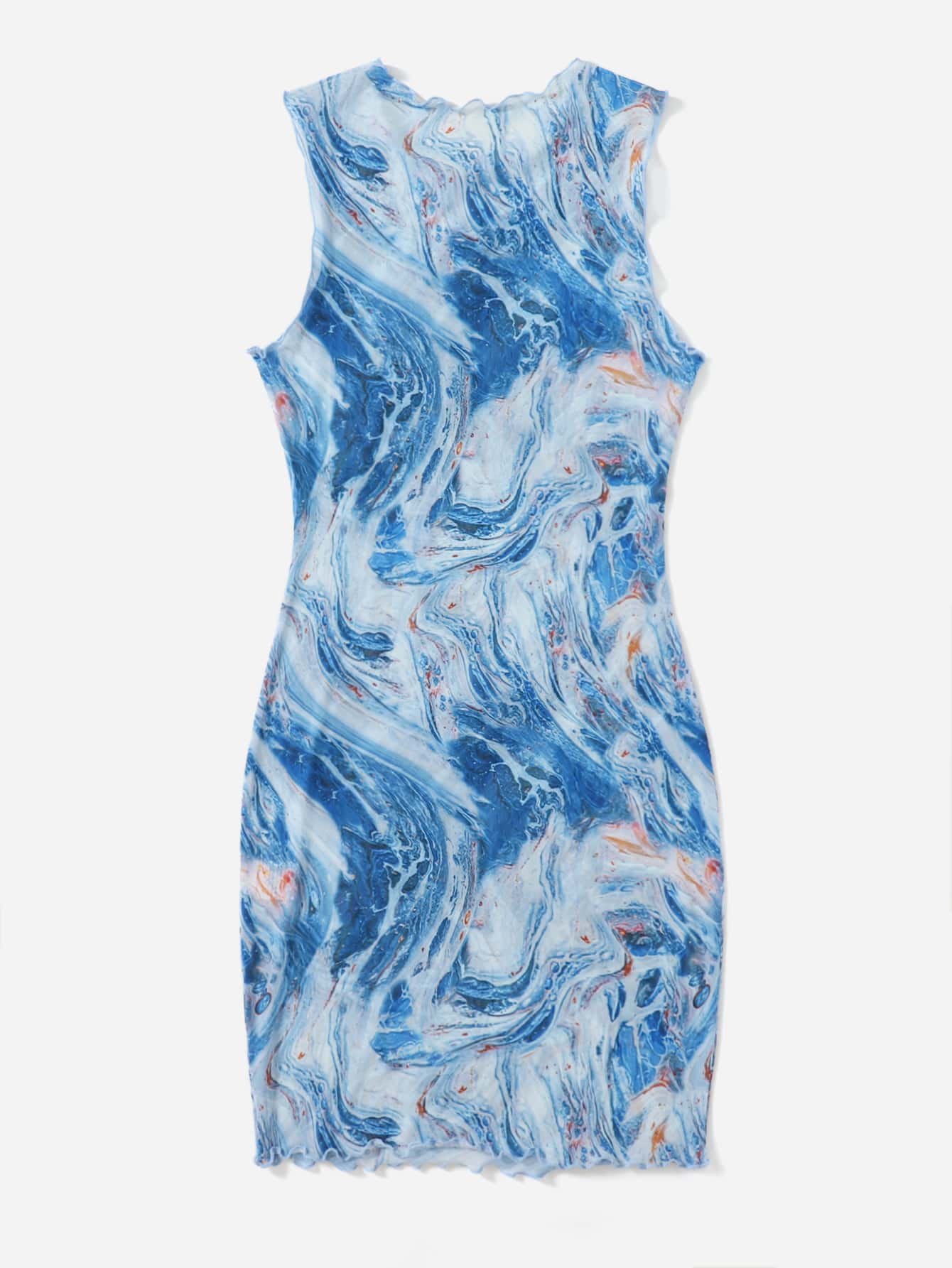 Marble Print Lettuce Trim Mesh Dress