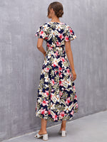 Tropical Print Butterfly Sleeve Belted Dress