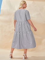 Plus Striped Print Ruffle Hem Smock Dress