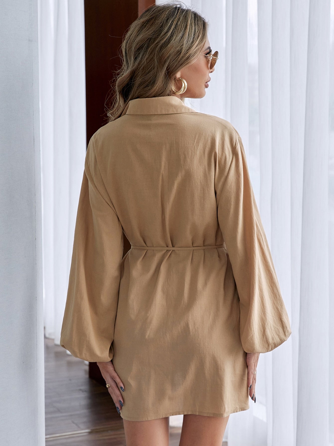 Lantern Sleeve Belted Shirt Dress