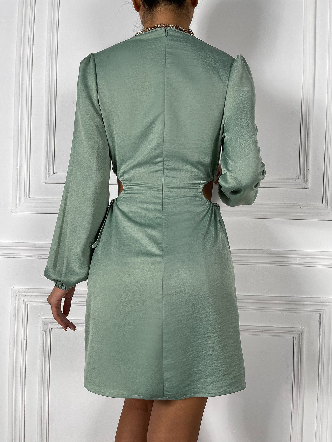 Cut Out Drawstring Side Bishop Sleeve Dress