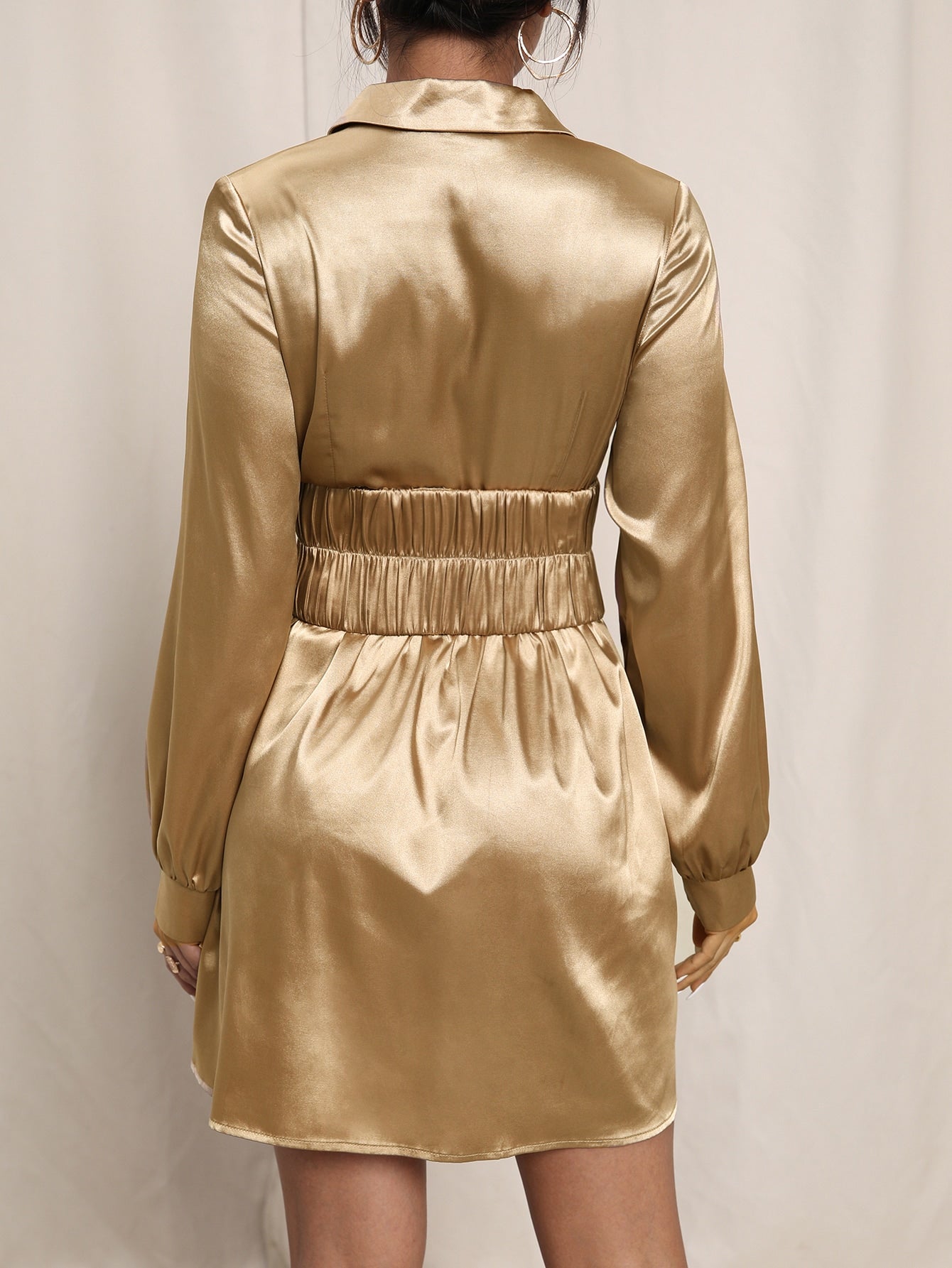 Lace Up Front Button Through Satin Shirt Dress