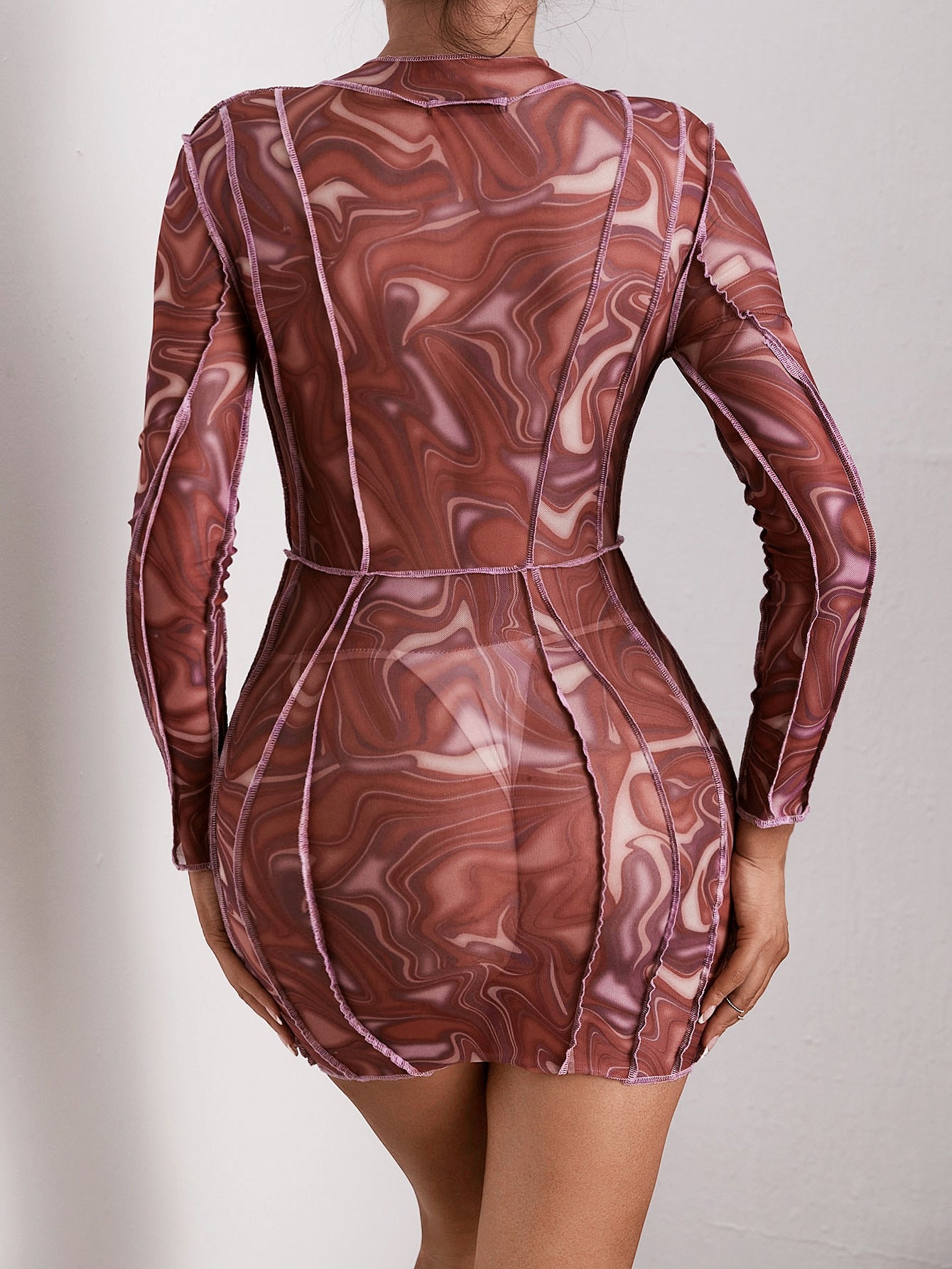 Marble Print Crisscross Top-stitching Bodycon Dress