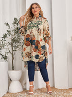 Plus Floral Print Dip Hem Tunic Blouse