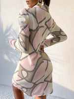 Colorblock Chain Print Puff Sleeve Dress Without Belt