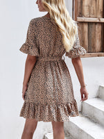 Allover Print Butterfly Sleeve Ruffle Hem Belted Dress