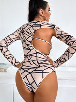Allover Print Cut Out Asymmetrical Neck Bodysuit