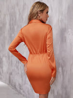 Ruched Knot Front Satin Shirt Dress