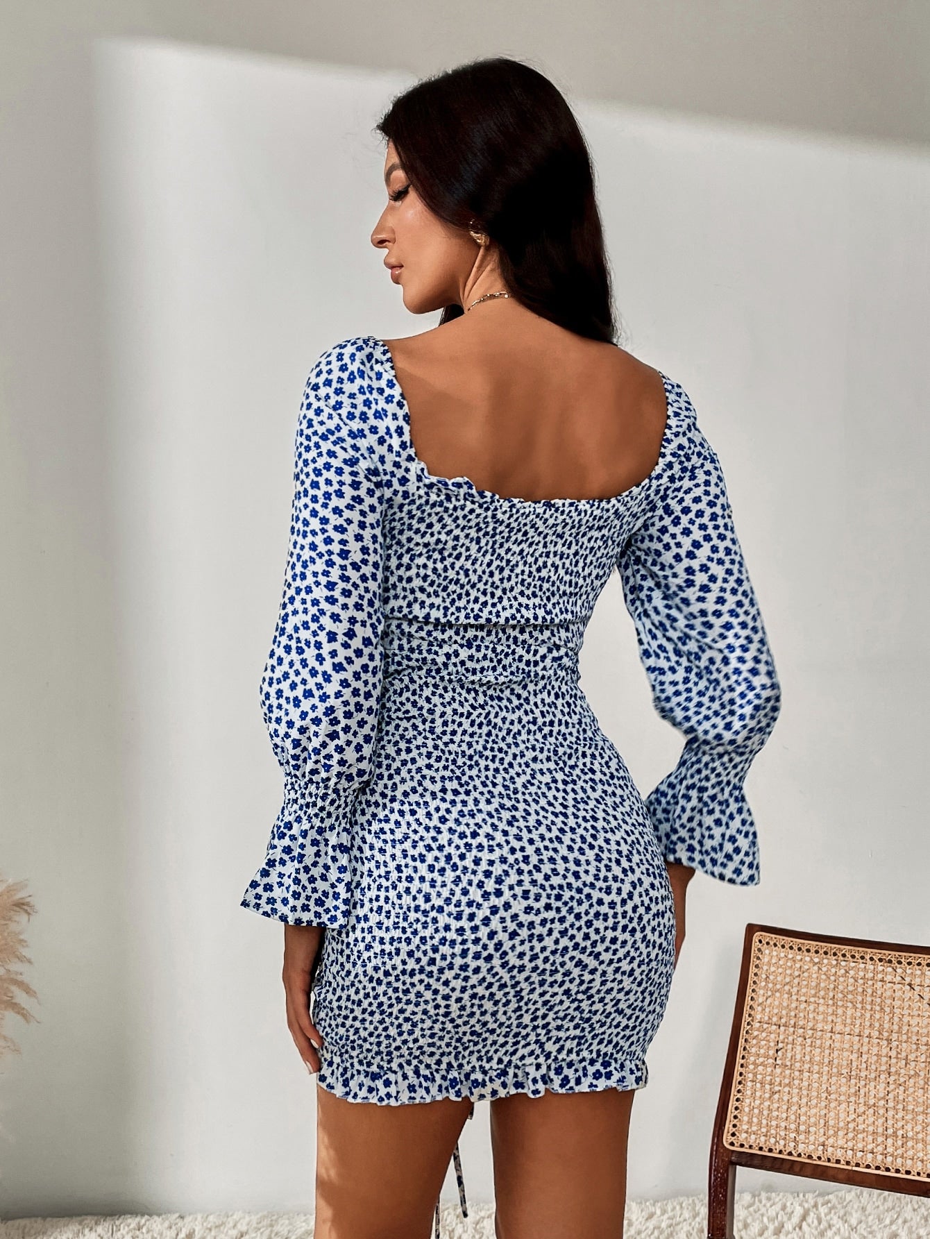 Sweetheart Neck Ditsy Floral Drawstring Ruched Front Flounce Sleeve Shirred Dress