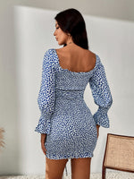 Sweetheart Neck Ditsy Floral Drawstring Ruched Front Flounce Sleeve Shirred Dress