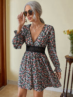 1pc Floral Print Tie Back Guipure Lace Insert Flounce Sleeve Dress