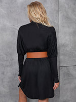 Waffle Knit Turtleneck Gigot Sleeve Dress Without Belt