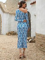 Allover Figure Print Asymmetrical Shoulder Split Thigh Dress
