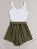 Button Front Colorblock Belted Combo Tank Romper