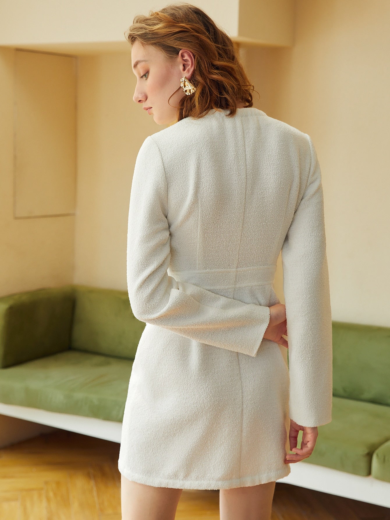 Flap Detail Button Front Tweed Dress