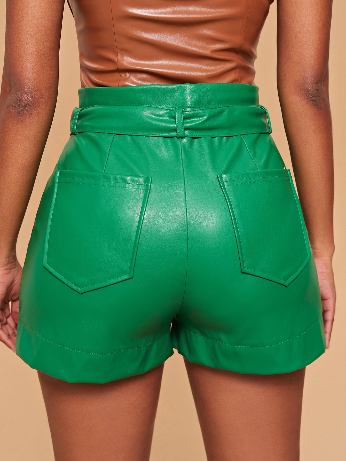 Slant Pocket Plicated Belted PU Leather Shorts