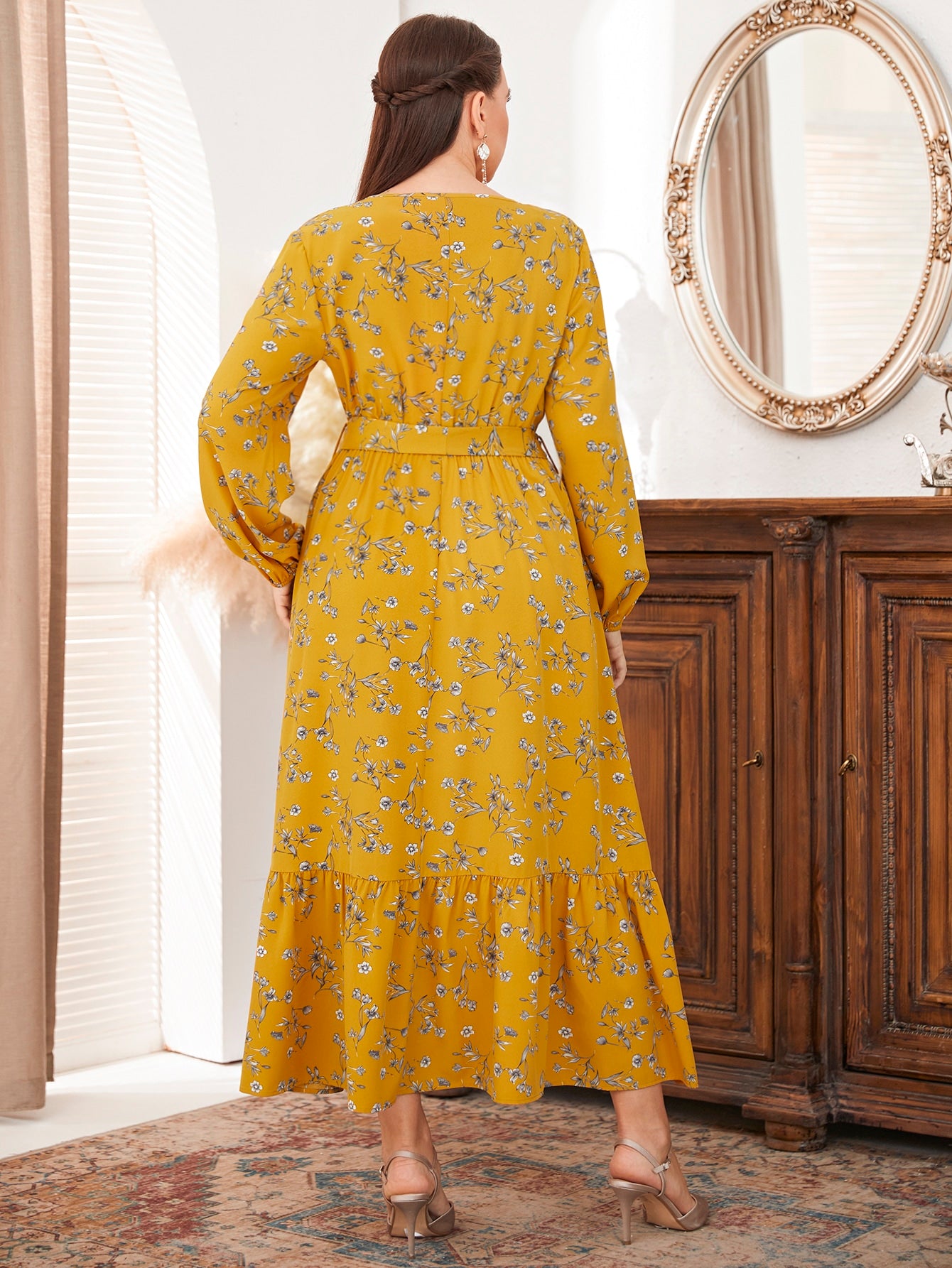 Plus Floral Print Lantern Sleeve Ruffle Hem Belted Dress