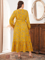 Plus Floral Print Lantern Sleeve Ruffle Hem Belted Dress