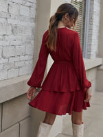 Bishop Sleeve Layered Hem Belted Dress