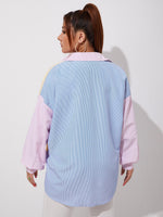 Plus Striped Colorblock Drop Shoulder Patched Pocket Blouse