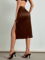Solid Ruched Satin Slit Skirt
