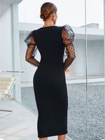 Dobby Mesh Gigot Sleeve Bodycon Dress
